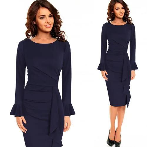 Vfemage Womens Elegant Frill Ruffles Ruched Draped Vintage Retro Tunic Slim Work Business Casual Party Bodycon Pencil Dress 6213