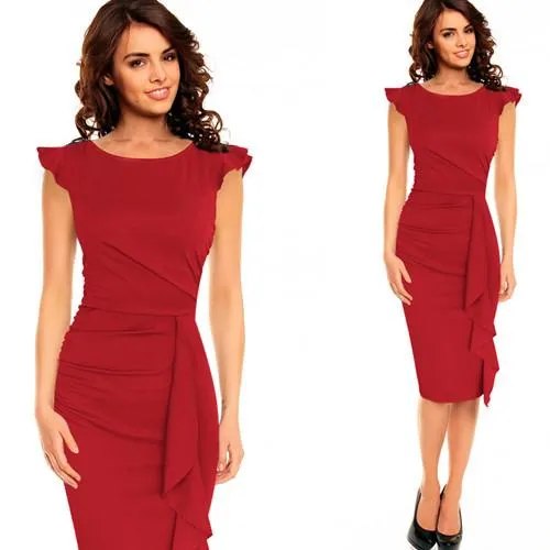 Vfemage Womens Elegant Frill Ruffles Ruched Draped Vintage Retro Tunic Slim Work Business Casual Party Bodycon Pencil Dress 6213