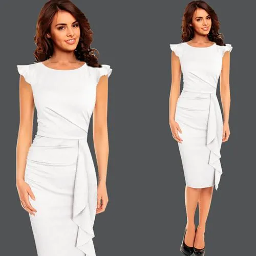 Vfemage Womens Elegant Frill Ruffles Ruched Draped Vintage Retro Tunic Slim Work Business Casual Party Bodycon Pencil Dress 6213