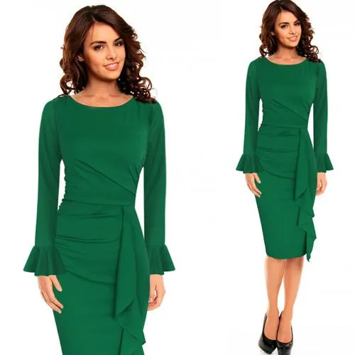 Vfemage Womens Elegant Frill Ruffles Ruched Draped Vintage Retro Tunic Slim Work Business Casual Party Bodycon Pencil Dress 6213