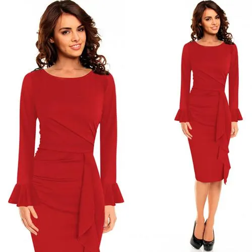 Vfemage Womens Elegant Frill Ruffles Ruched Draped Vintage Retro Tunic Slim Work Business Casual Party Bodycon Pencil Dress 6213