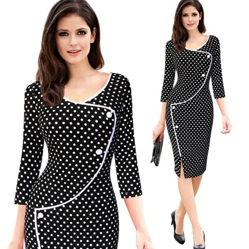 Vfemage Womens Vintage Brief Split Bottom Elegant Casual Work 3/4 Sleeve Deep O-Neck Bodycon Knee Women Office Pencil Dress 4239