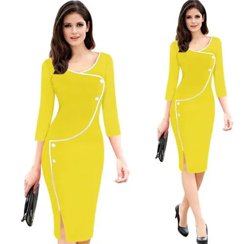Vfemage Womens Vintage Brief Split Bottom Elegant Casual Work 3/4 Sleeve Deep O-Neck Bodycon Knee Women Office Pencil Dress 4239