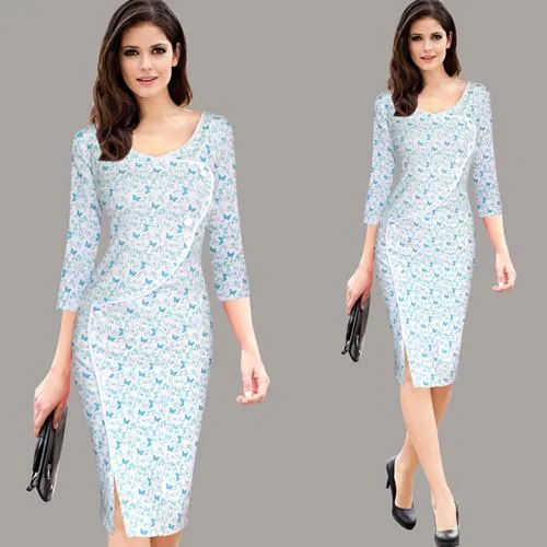 Vfemage Womens Vintage Brief Split Bottom Elegant Casual Work 3/4 Sleeve Deep O-Neck Bodycon Knee Women Office Pencil Dress 4239