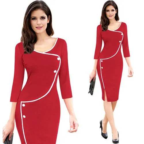 Vfemage Womens Vintage Brief Split Bottom Elegant Casual Work 3/4 Sleeve Deep O-Neck Bodycon Knee Women Office Pencil Dress 4239