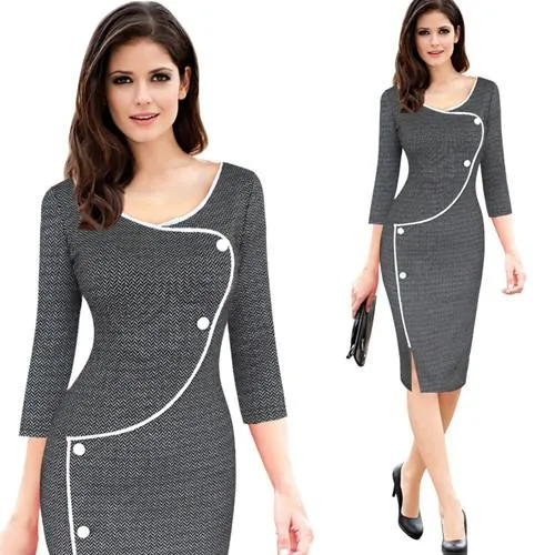 Vfemage Womens Vintage Brief Split Bottom Elegant Casual Work 3/4 Sleeve Deep O-Neck Bodycon Knee Women Office Pencil Dress 4239