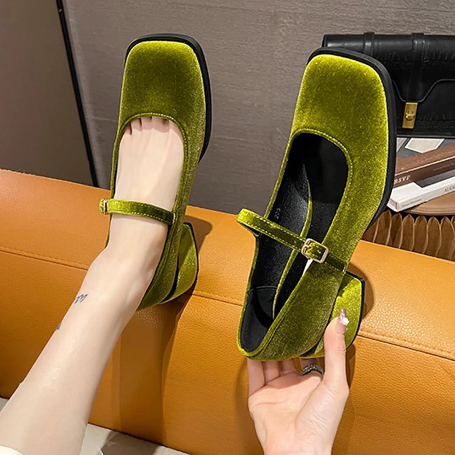 Women's Elegant Velvet Closed Square Toe Mary Jane Pumps Classic Low Chunky Heel Adjustable Buckle Dress Shoes Office Work Shoes