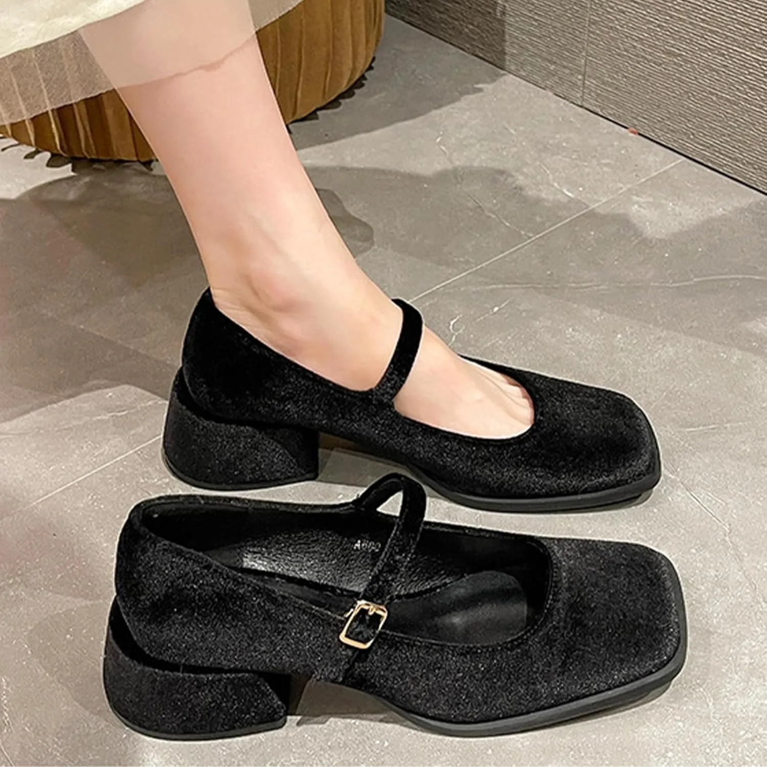 Women's Elegant Velvet Closed Square Toe Mary Jane Pumps Classic Low Chunky Heel Adjustable Buckle Dress Shoes Office Work Shoes