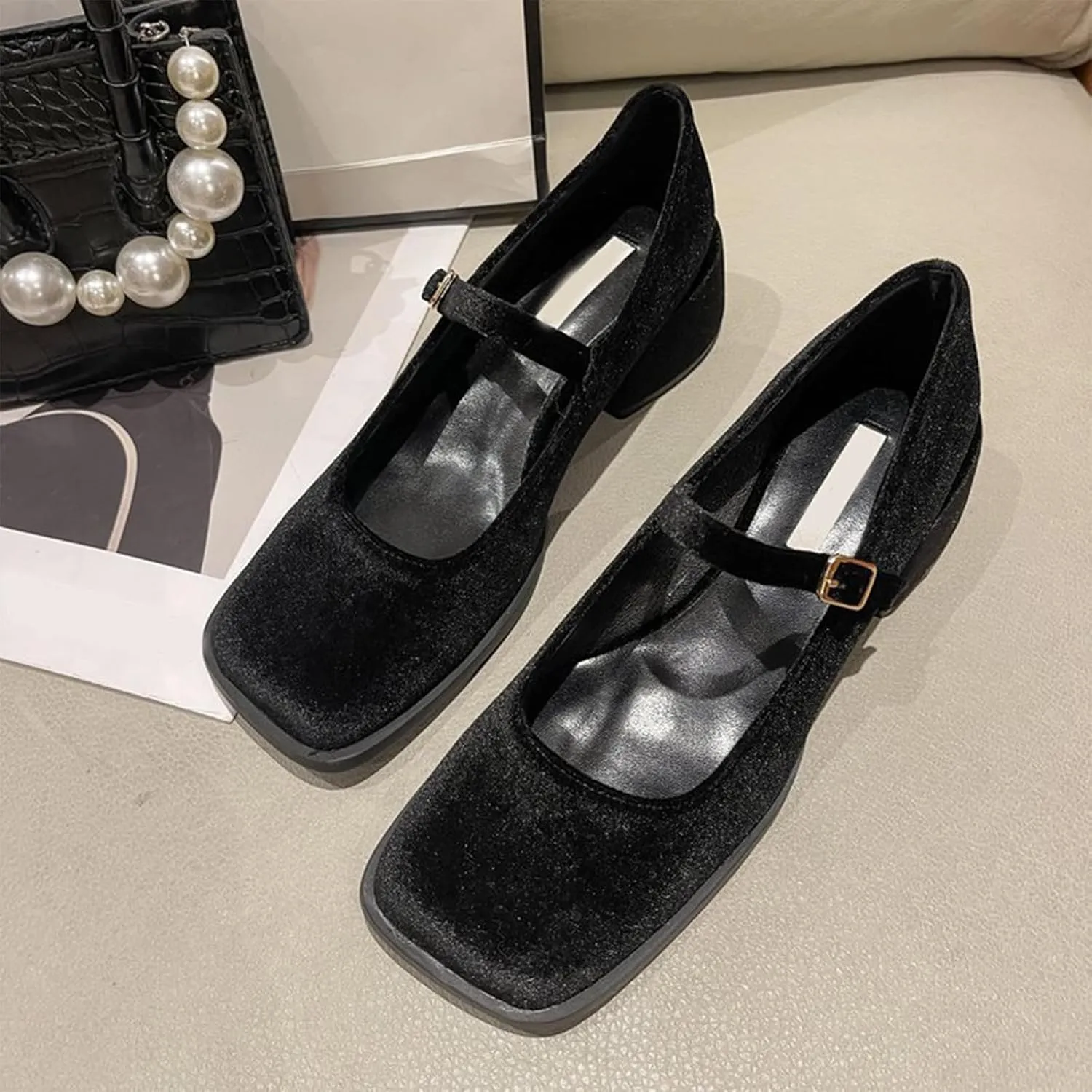Women's Elegant Velvet Closed Square Toe Mary Jane Pumps Classic Low Chunky Heel Adjustable Buckle Dress Shoes Office Work Shoes