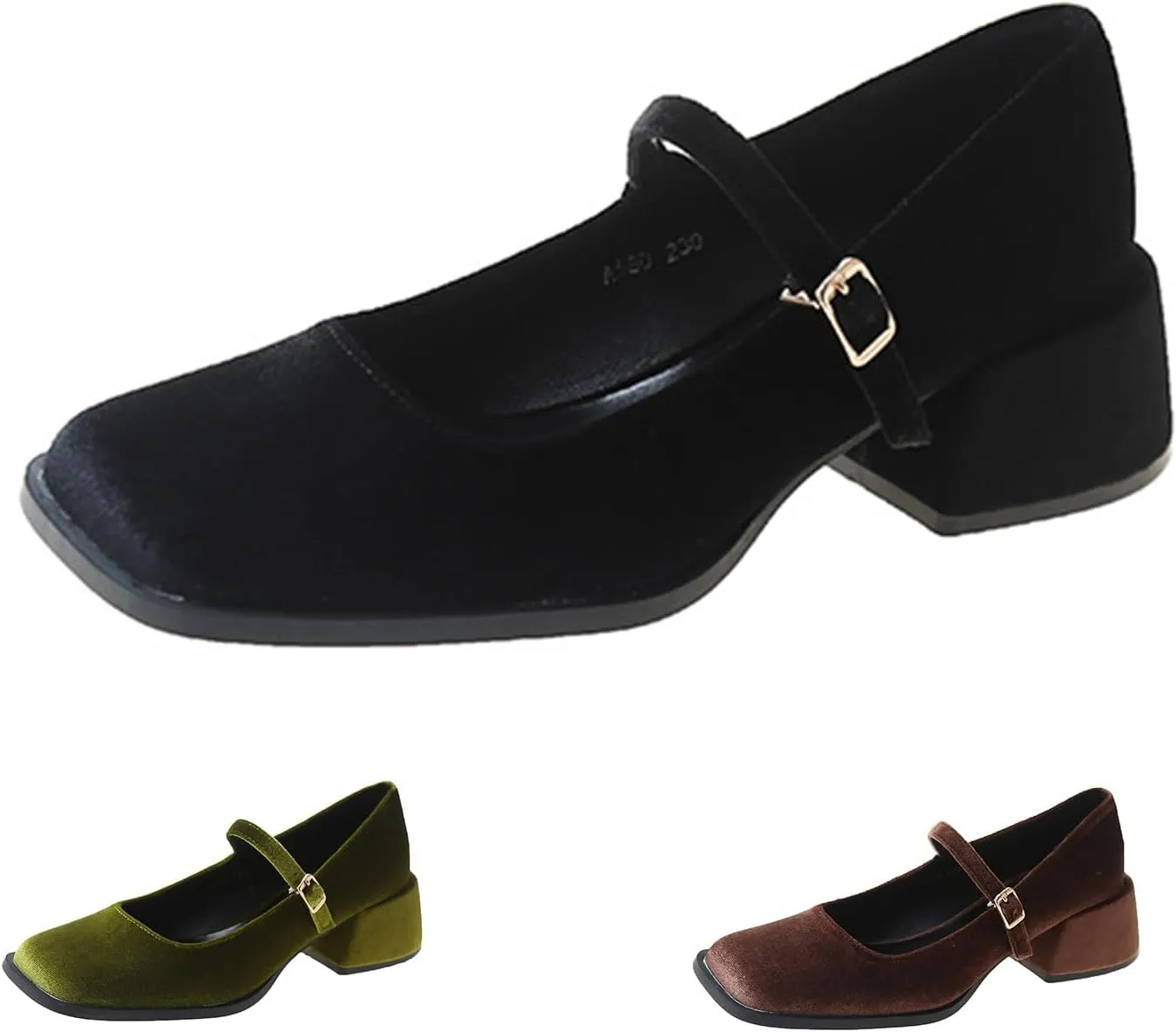 Women's Elegant Velvet Closed Square Toe Mary Jane Pumps Classic Low Chunky Heel Adjustable Buckle Dress Shoes Office Work Shoes