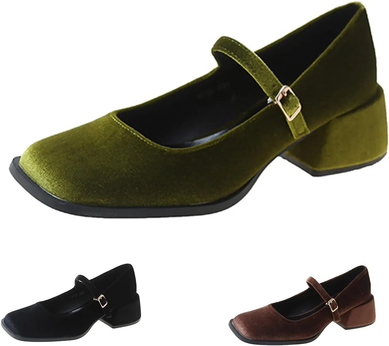 Women's Elegant Velvet Closed Square Toe Mary Jane Pumps Classic Low Chunky Heel Adjustable Buckle Dress Shoes Office Work Shoes