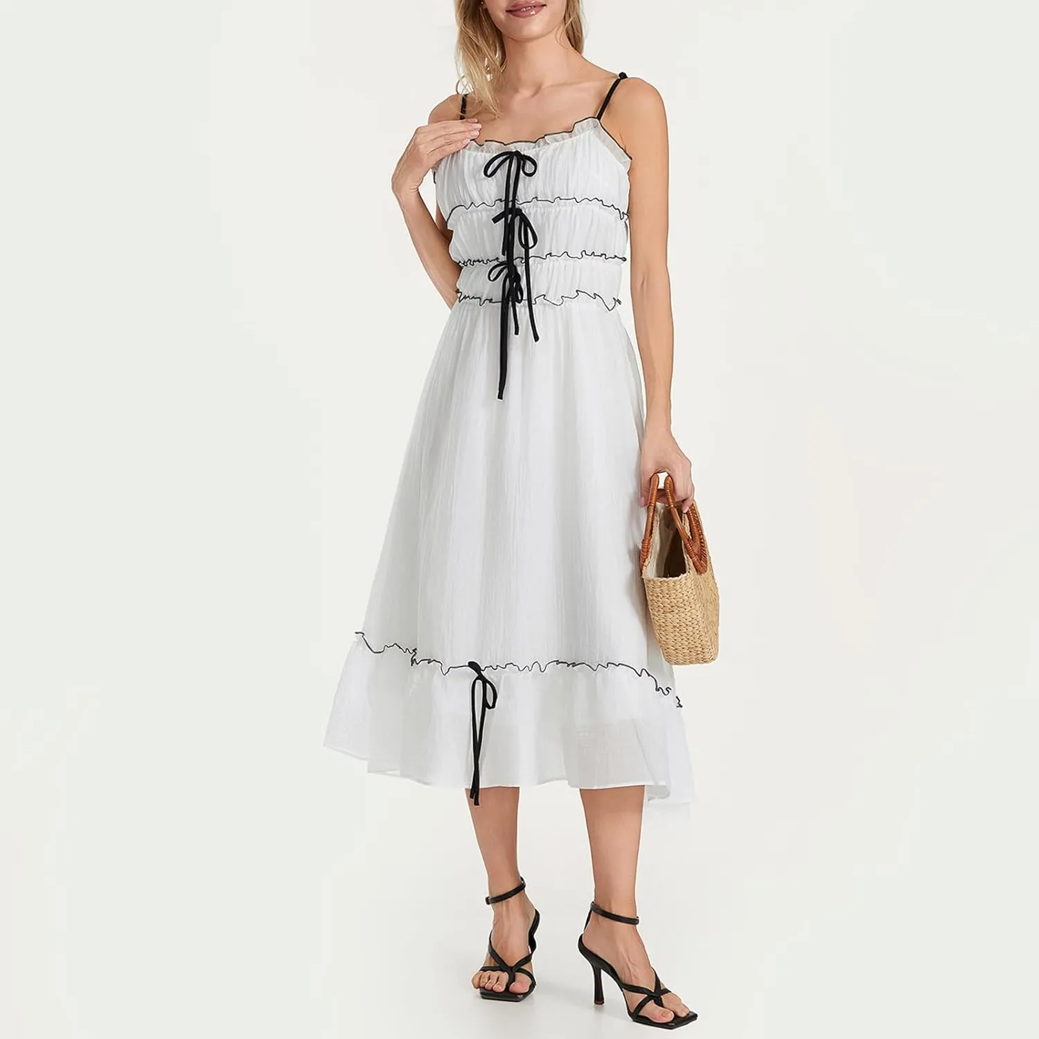 Women's Floral Graffiti Print Maxi Dress Sleeveless Spaghetti Strap Sundress Y2k Boho Backless Tie Up Flowy Dress
