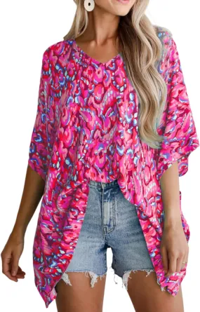 Women's Floral Graffiti Printed Tops Casual Boho Half Sleeve V Neck Tunic Tops Loose Fit Summer 2025 Blouses Shirts
