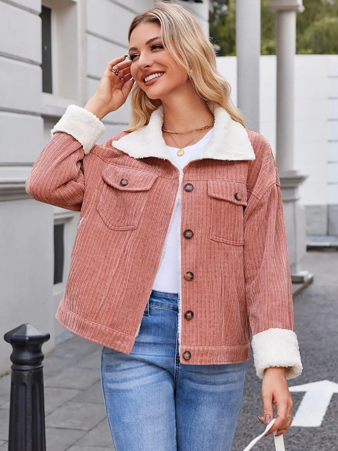 ZAFUL 2024 Womens Sherpa Fleece Jacket Button Down Corduroy Shacket Casual Winter Warm Coat With Pockets